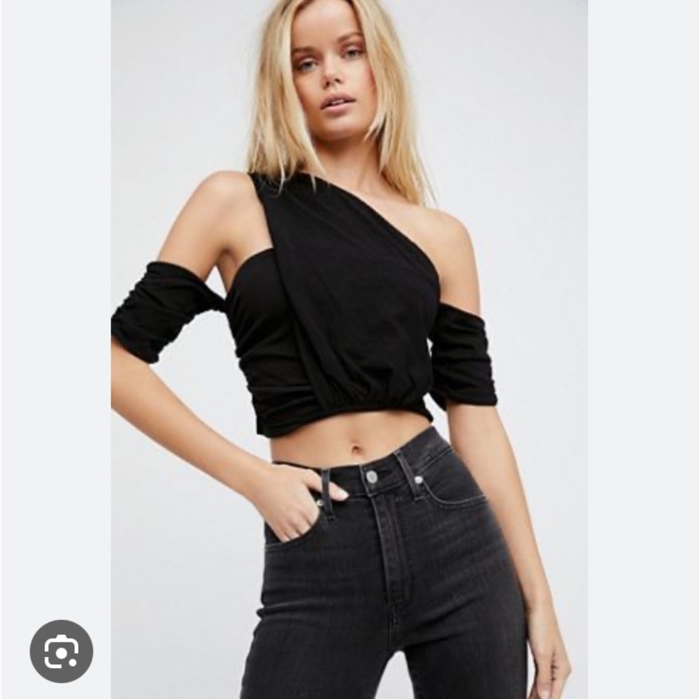Free people ruched cutout asymmetrical drape off the shoulder tube crop top S